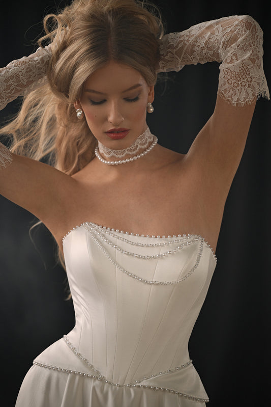 KESTI Strapless Corset Ball Gown with Pearl Detail