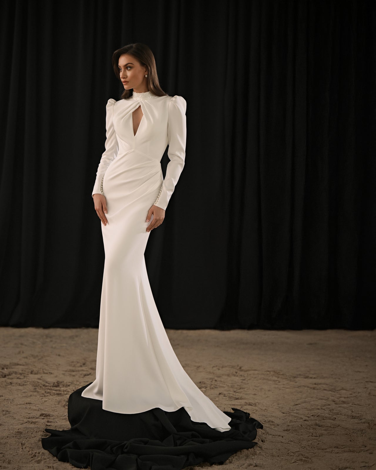 fitted high neck wedding dress High Neck A-line Wedding Dress: Long Sleeves, Sparkle Embroidery,pockets