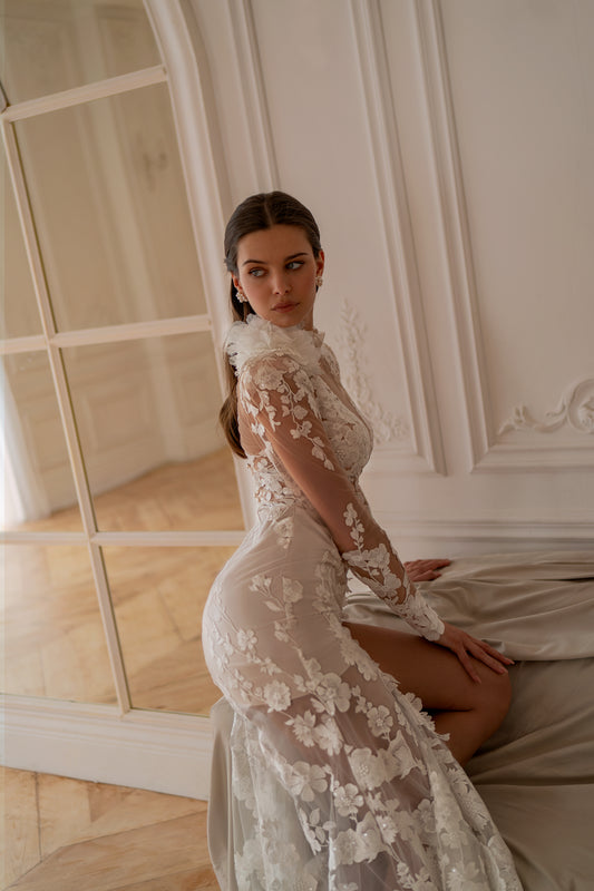 Reinira – Sheer Floral Lace High-Slit Wedding Dress