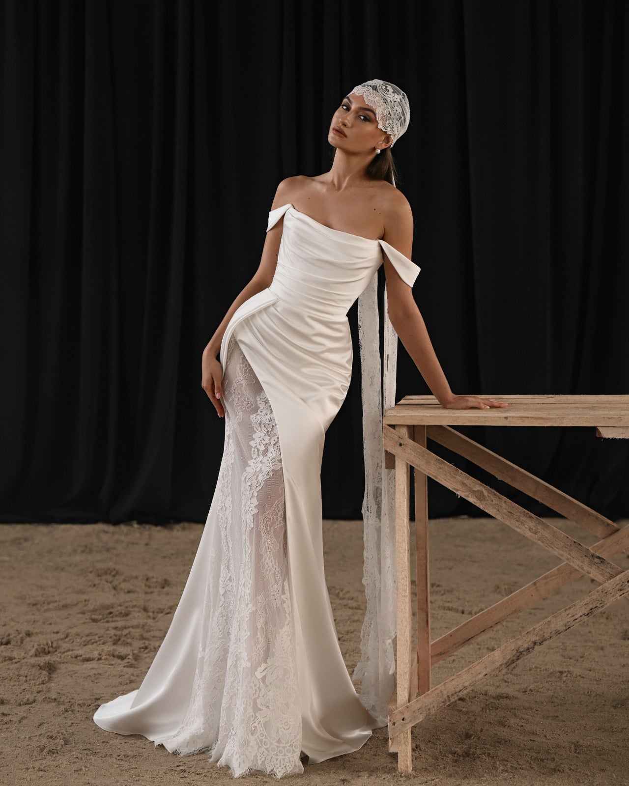 ELONZ Draped Off-Shoulder Lace Gown