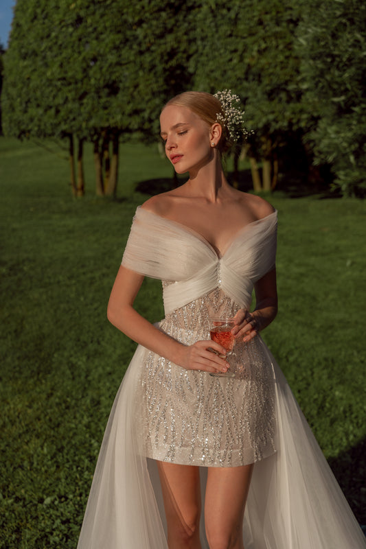 ALESSIA- Short Shiny Wedding Dress with Cape