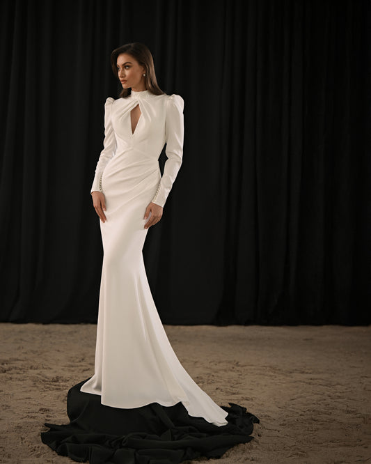 MAGDA High Neck Fitted Wedding Dress with Sculpted Shoulders