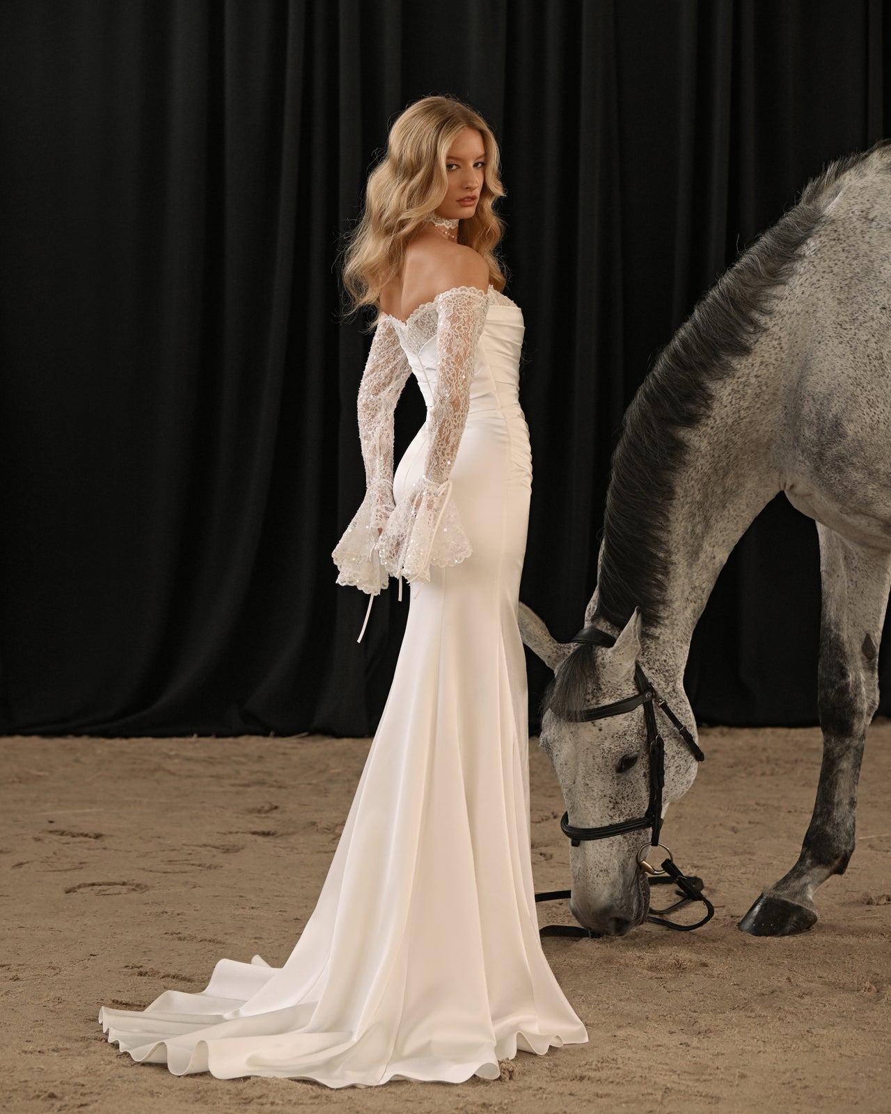 SERRA Off-Shoulder Lace Sleeve Mermaid Wedding Dress